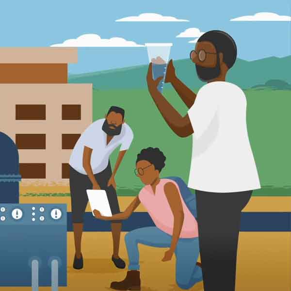 Illustration of Scientists at a water treatment plant in Africa